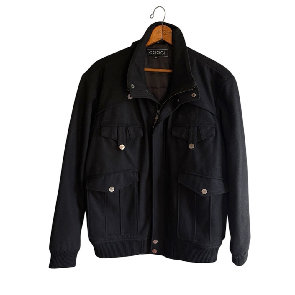 COOGI Men's Black Wool Blend Heavyweight Pocket Zip Front Winter Coat